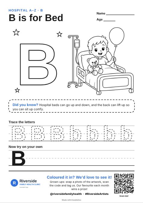 B is for Bed – hospitals colouring sheet for kids with letter tracing