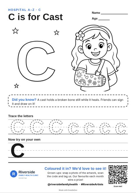 C is for Cast – hospitals colouring sheet for kids with letter tracing