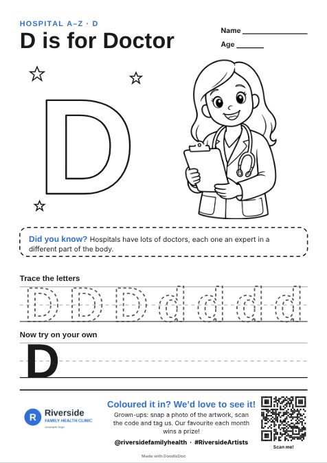 D is for Doctor – hospitals colouring sheet for kids with letter tracing