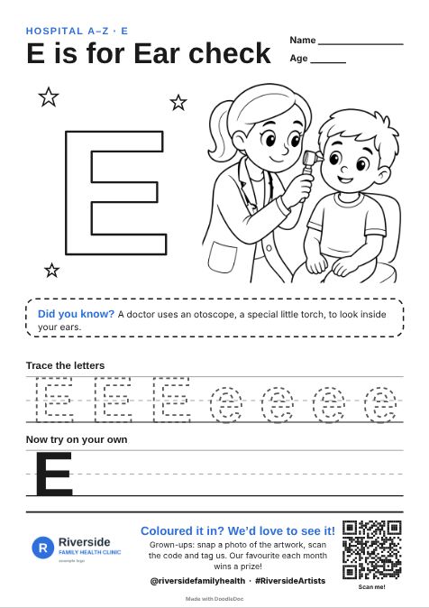 E is for Ear check – hospitals colouring sheet for kids with letter tracing