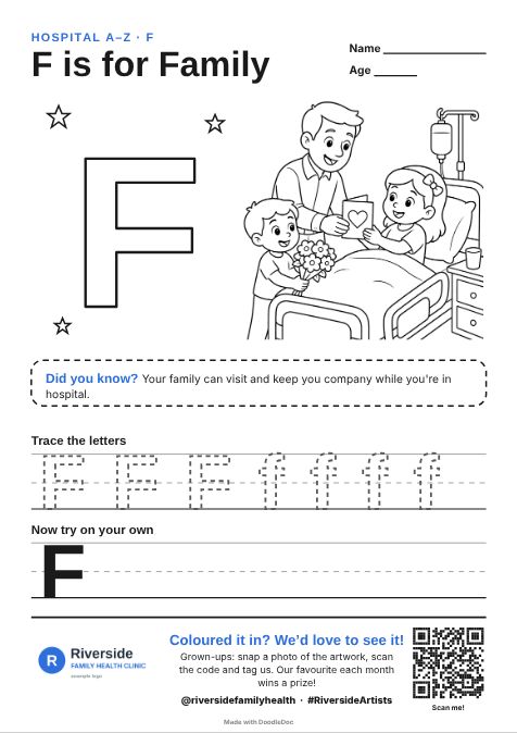 F is for Family – hospitals colouring sheet for kids with letter tracing