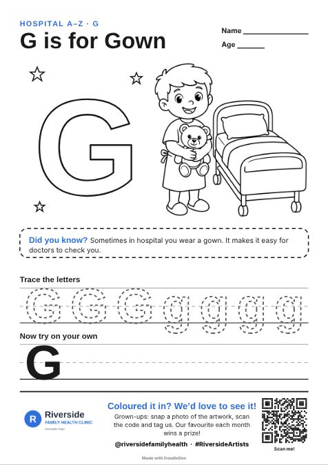 G is for Gown – hospitals colouring sheet for kids with letter tracing