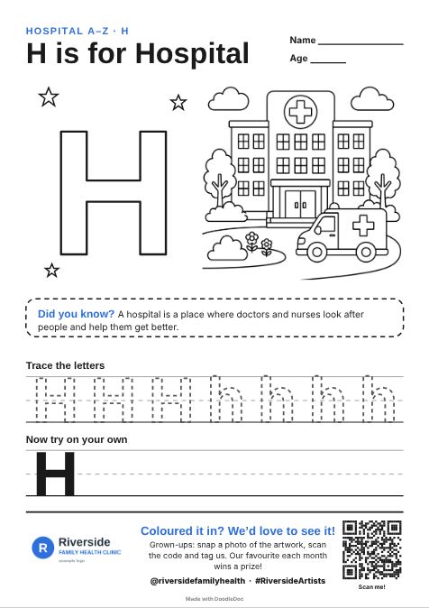 H is for Hospital – hospitals colouring sheet for kids with letter tracing