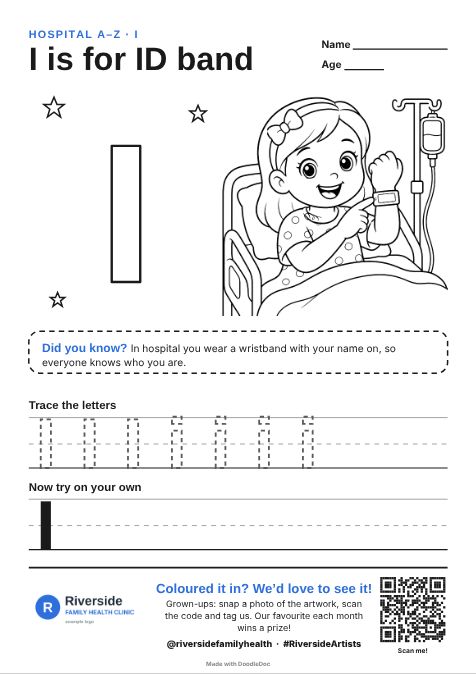 I is for ID band – hospitals colouring sheet for kids with letter tracing