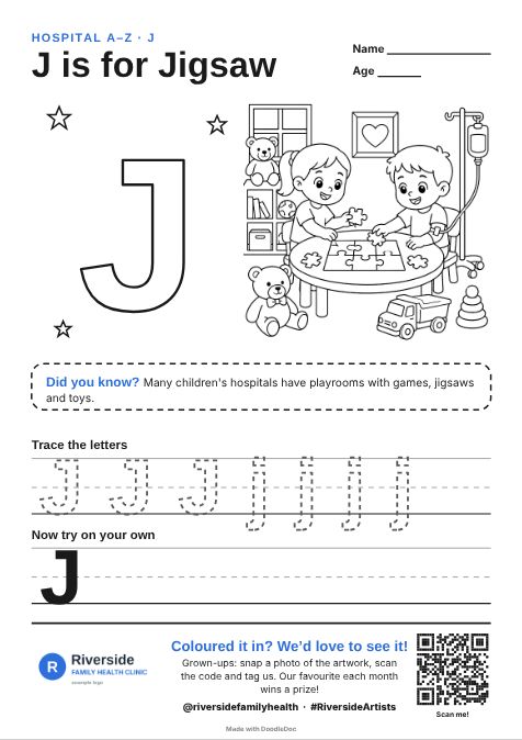 J is for Jigsaw – hospitals colouring sheet for kids with letter tracing
