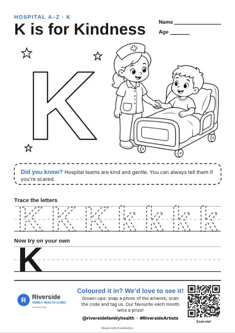 K is for Kindness – hospitals colouring sheet for kids with letter tracing