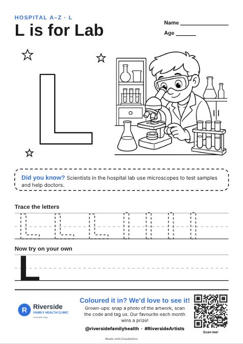 L is for Lab – hospitals colouring sheet for kids with letter tracing