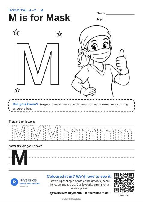 M is for Mask – hospitals colouring sheet for kids with letter tracing