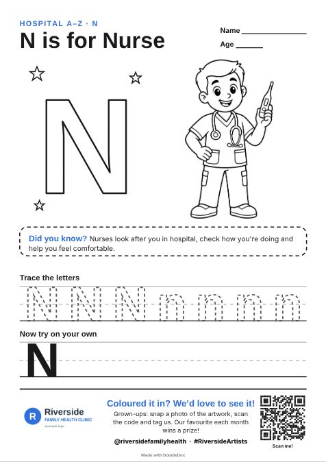 N is for Nurse – hospitals colouring sheet for kids with letter tracing