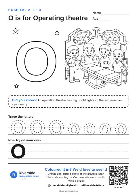 O is for Operating theatre – hospitals colouring sheet for kids with letter tracing
