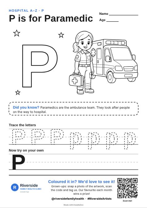 P is for Paramedic – hospitals colouring sheet for kids with letter tracing