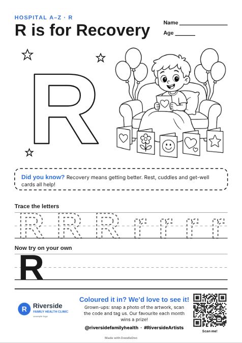 R is for Recovery – hospitals colouring sheet for kids with letter tracing