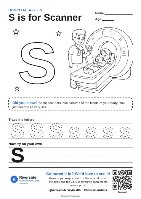 S is for Scanner – hospitals colouring sheet for kids with letter tracing