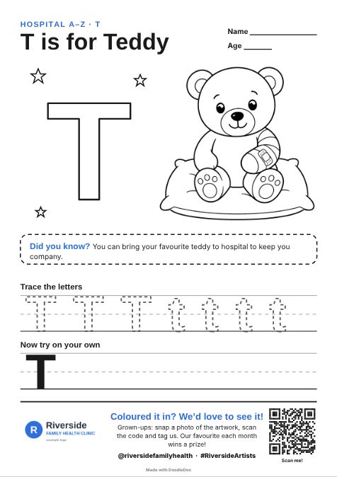 T is for Teddy – hospitals colouring sheet for kids with letter tracing
