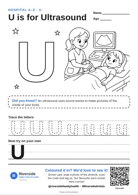 U is for Ultrasound – hospitals colouring sheet for kids with letter tracing