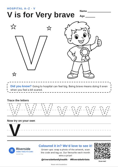 V is for Very brave – hospitals colouring sheet for kids with letter tracing
