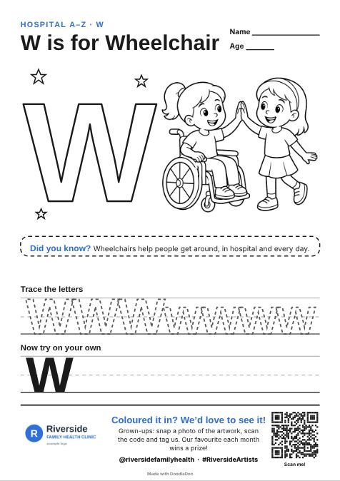 W is for Wheelchair – hospitals colouring sheet for kids with letter tracing