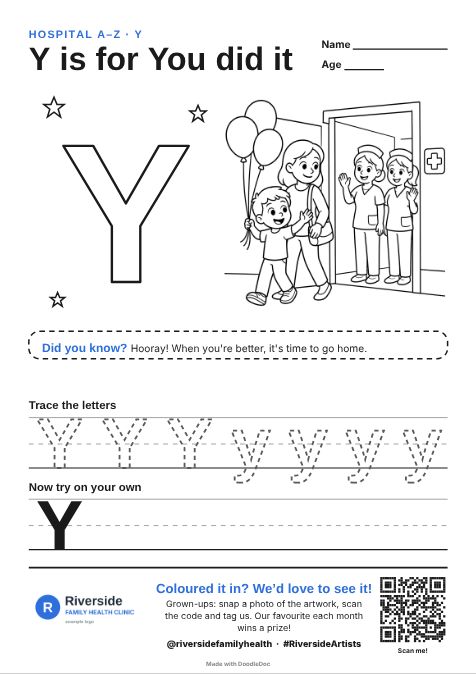 Y is for You did it – hospitals colouring sheet for kids with letter tracing