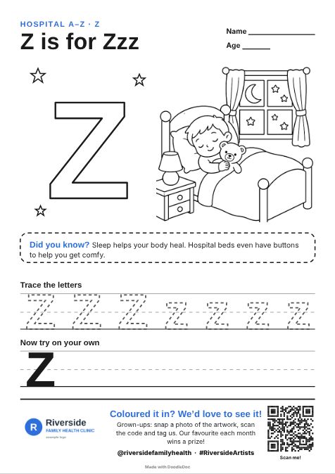 Z is for Zzz – hospitals colouring sheet for kids with letter tracing