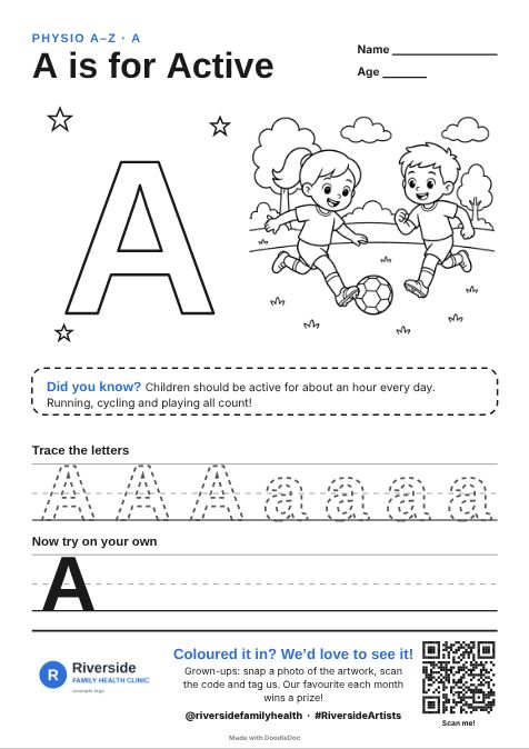 A is for Active – physiotherapy colouring sheet for kids with letter tracing