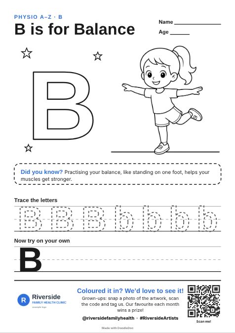 B is for Balance – physiotherapy colouring sheet for kids with letter tracing