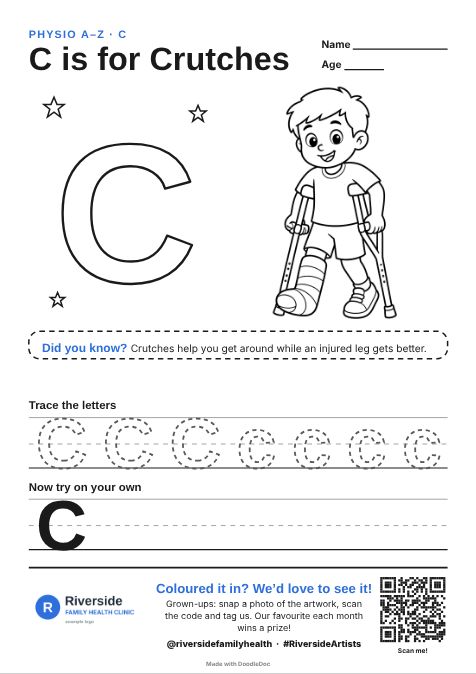 C is for Crutches – physiotherapy colouring sheet for kids with letter tracing