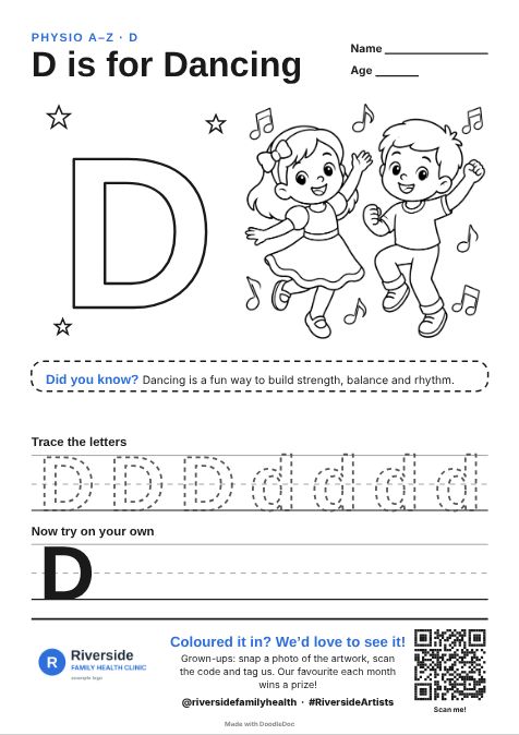 D is for Dancing – physiotherapy colouring sheet for kids with letter tracing
