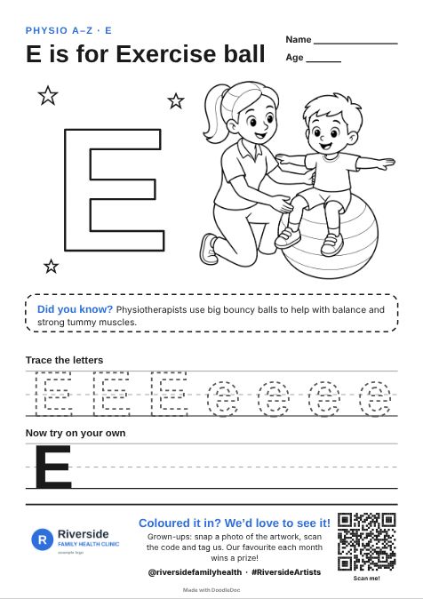E is for Exercise ball – physiotherapy colouring sheet for kids with letter tracing
