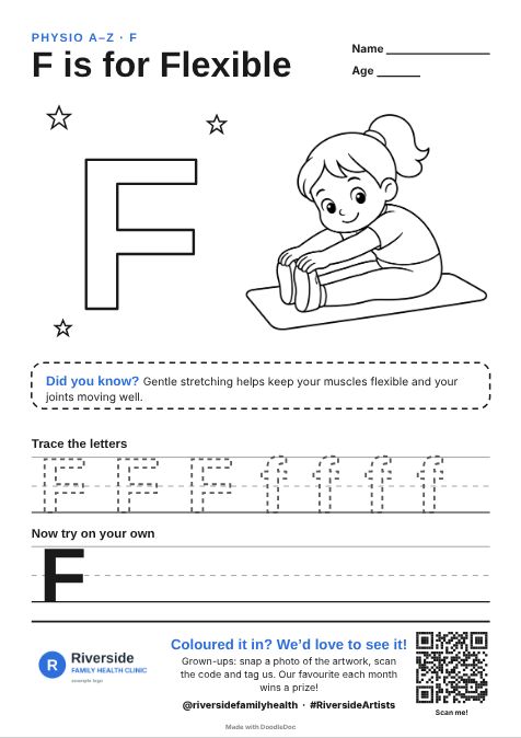 F is for Flexible – physiotherapy colouring sheet for kids with letter tracing