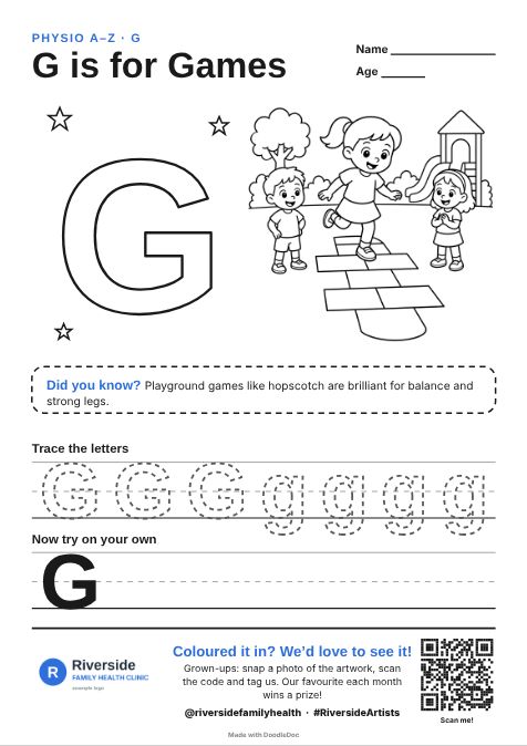 G is for Games – physiotherapy colouring sheet for kids with letter tracing