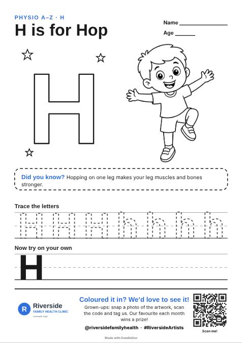 H is for Hop – physiotherapy colouring sheet for kids with letter tracing
