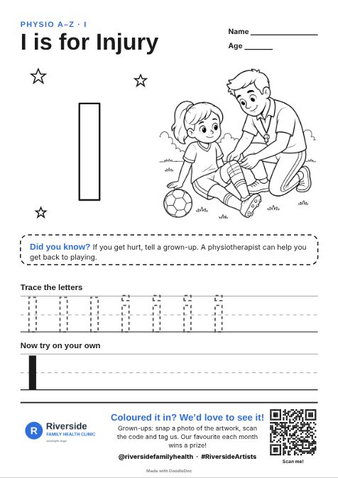 I is for Injury – physiotherapy colouring sheet for kids with letter tracing