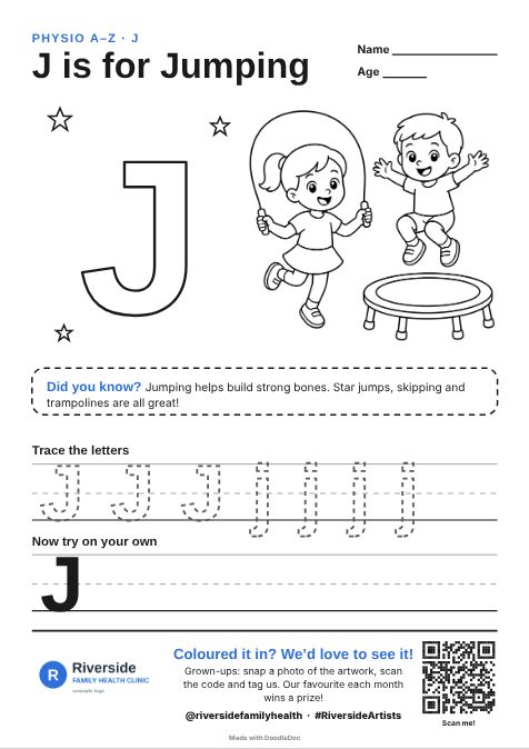 J is for Jumping – physiotherapy colouring sheet for kids with letter tracing