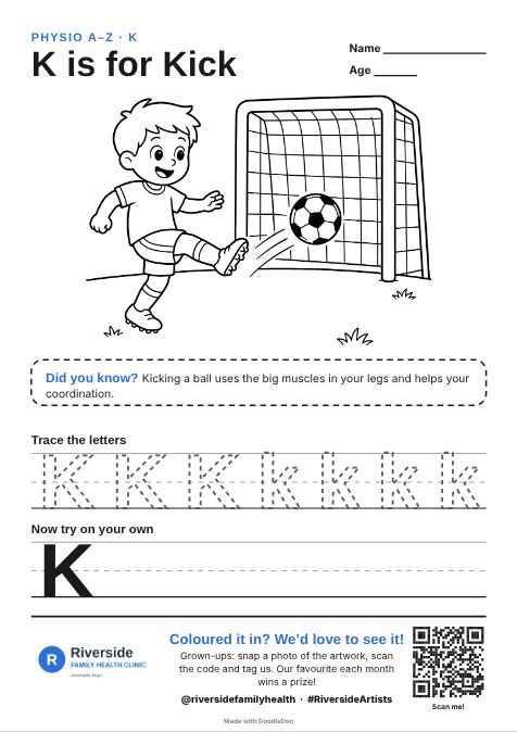 K is for Kick – physiotherapy colouring sheet for kids with letter tracing
