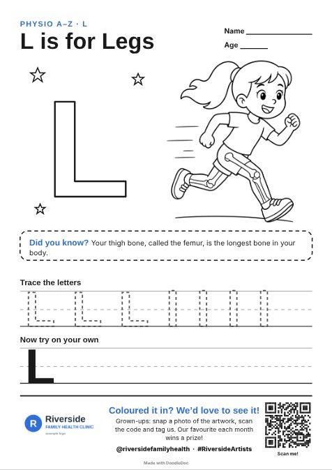L is for Legs – physiotherapy colouring sheet for kids with letter tracing