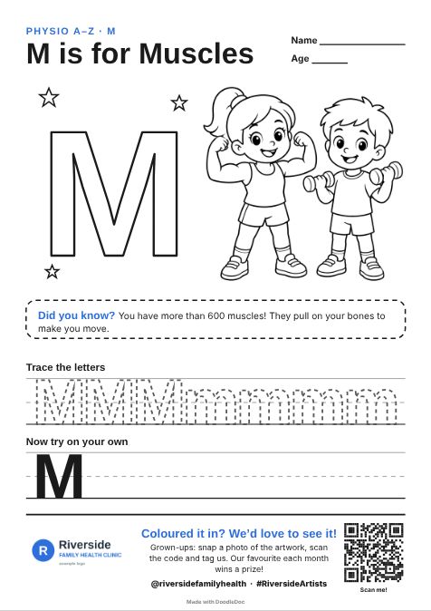 M is for Muscles – physiotherapy colouring sheet for kids with letter tracing