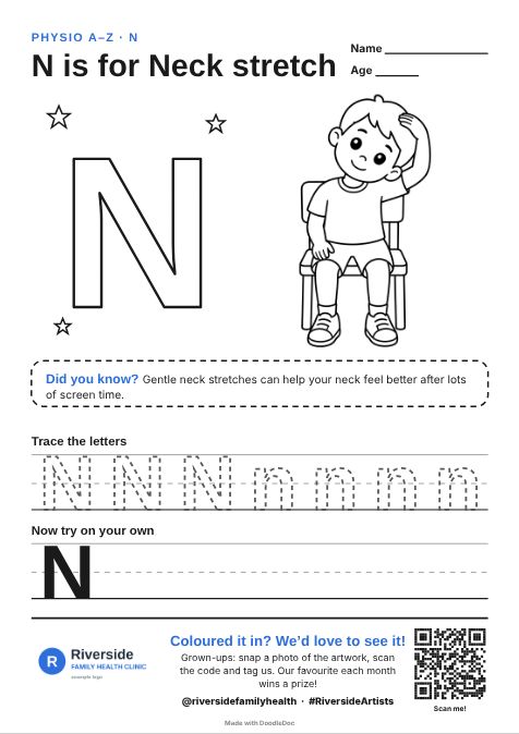 N is for Neck stretch – physiotherapy colouring sheet for kids with letter tracing