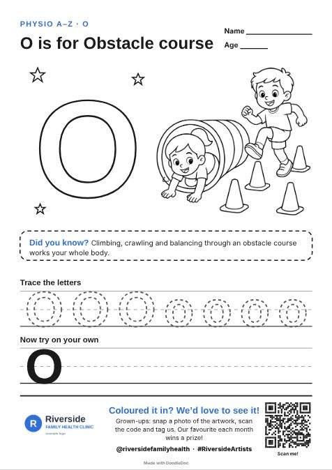 O is for Obstacle course – physiotherapy colouring sheet for kids with letter tracing