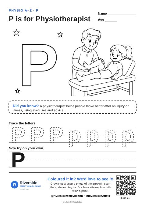 P is for Physiotherapist – physiotherapy colouring sheet for kids with letter tracing