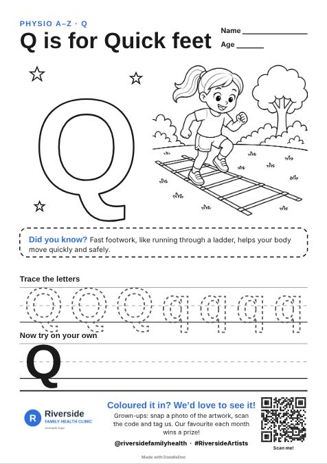 Q is for Quick feet – physiotherapy colouring sheet for kids with letter tracing