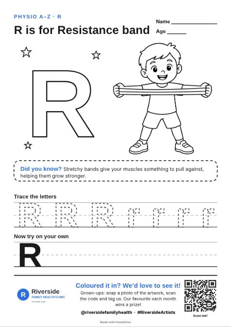 R is for Resistance band – physiotherapy colouring sheet for kids with letter tracing