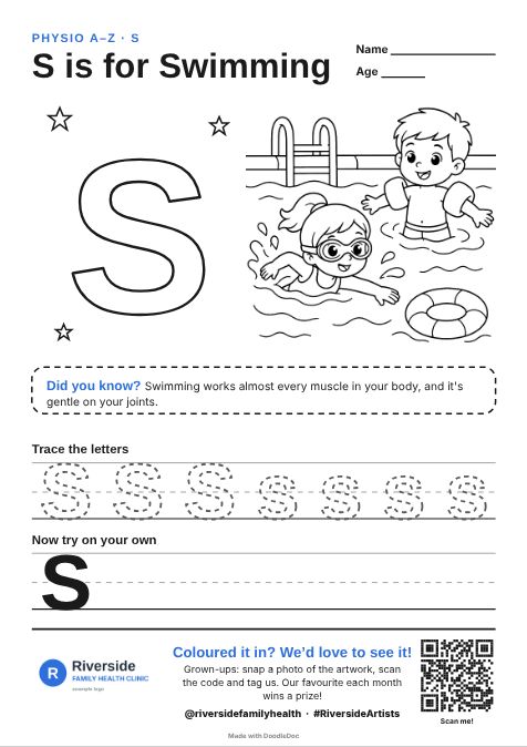 S is for Swimming – physiotherapy colouring sheet for kids with letter tracing