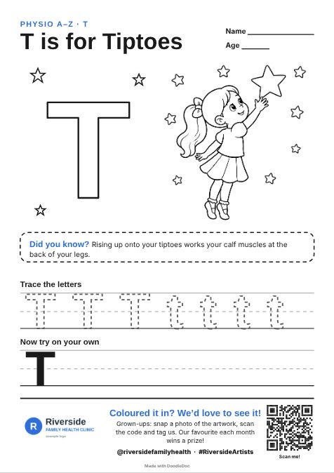 T is for Tiptoes – physiotherapy colouring sheet for kids with letter tracing