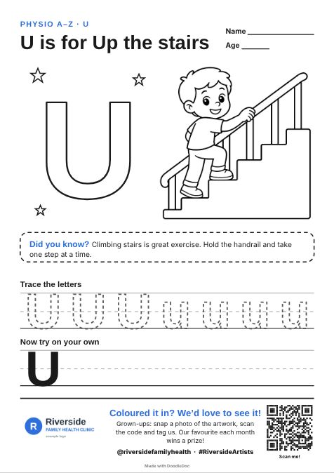 U is for Up the stairs – physiotherapy colouring sheet for kids with letter tracing