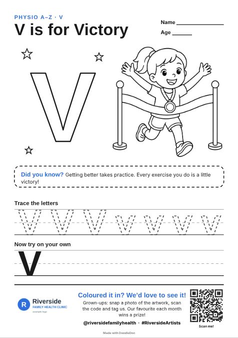 V is for Victory – physiotherapy colouring sheet for kids with letter tracing