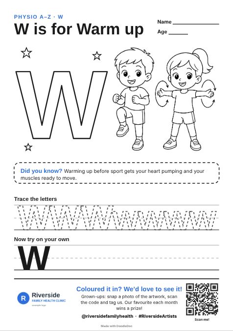 W is for Warm up – physiotherapy colouring sheet for kids with letter tracing