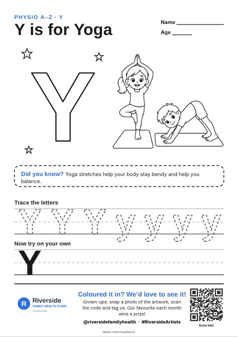 Y is for Yoga – physiotherapy colouring sheet for kids with letter tracing