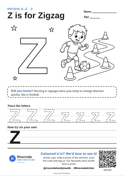 Z is for Zigzag – physiotherapy colouring sheet for kids with letter tracing